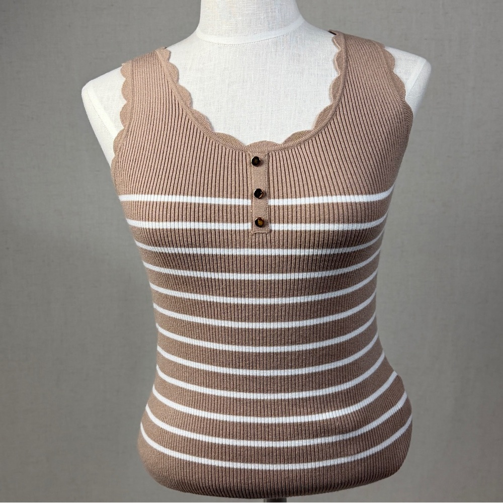 Striped Ribbed Tank Top in Taupe & White